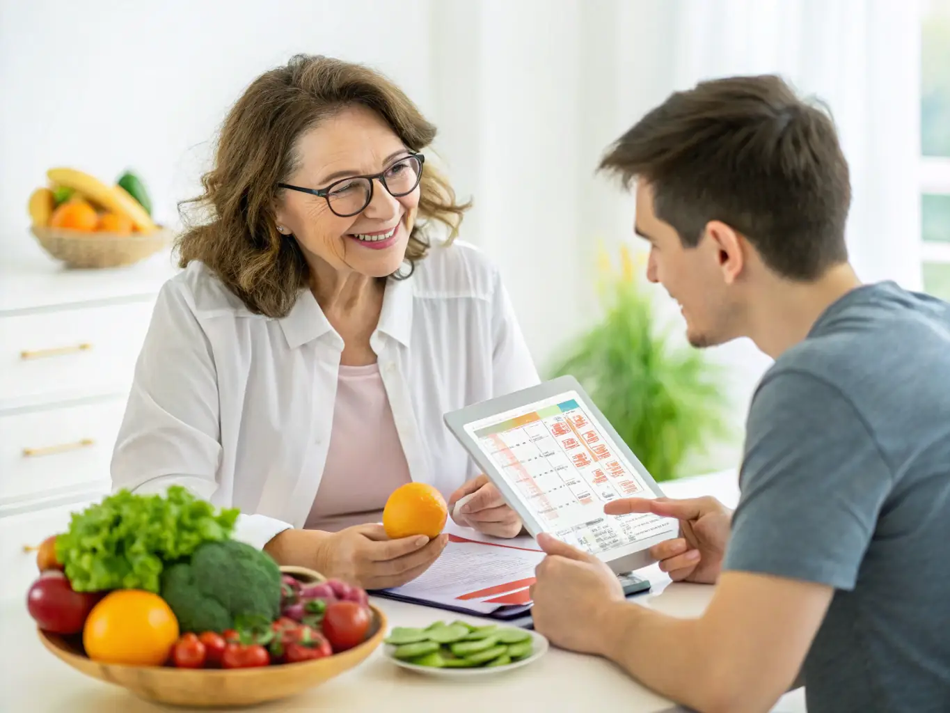 A nutritionist consulting with a client, discussing a healthy meal plan.