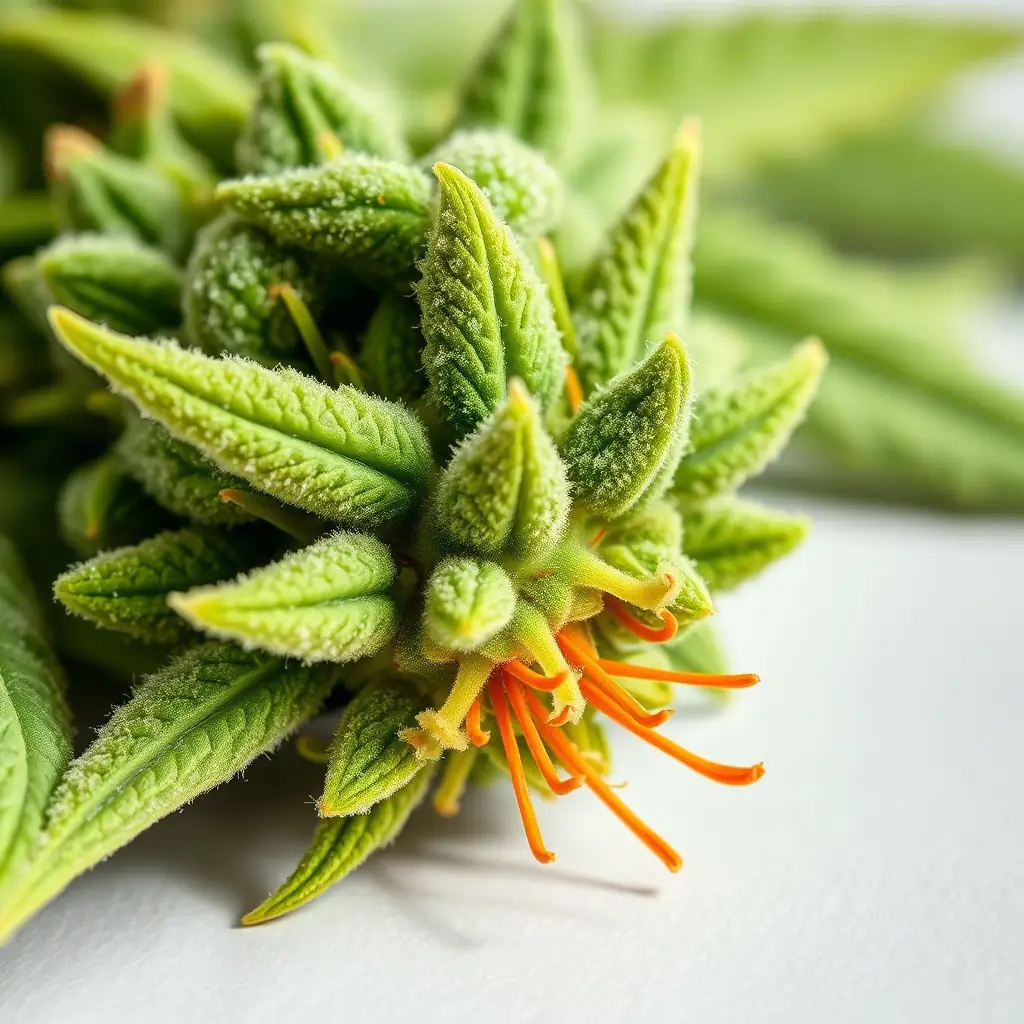 Close-up of a vibrant green and orange Maui Magilla Flower DC bud, showcasing its trichomes and unique color profile.