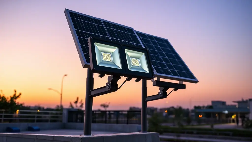 A high-resolution image of the XINGCHEN Series solar floodlights installed on a small to mid-size site at dusk, showcasing their dual-sided design and outdoor-rated construction.