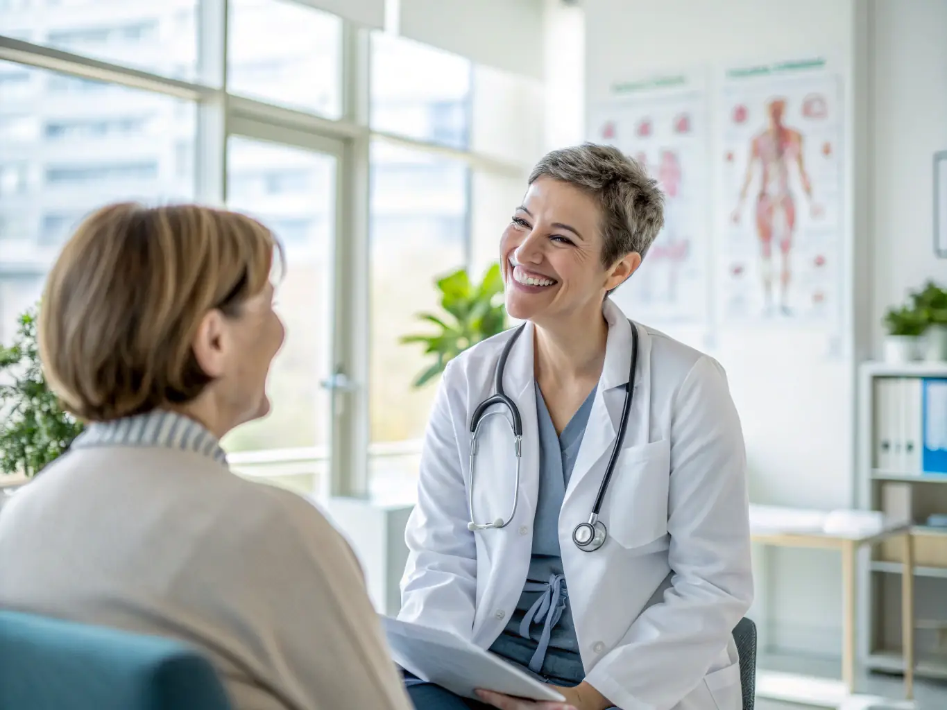 A friendly doctor explaining a medical report to a patient in a modern medical center.