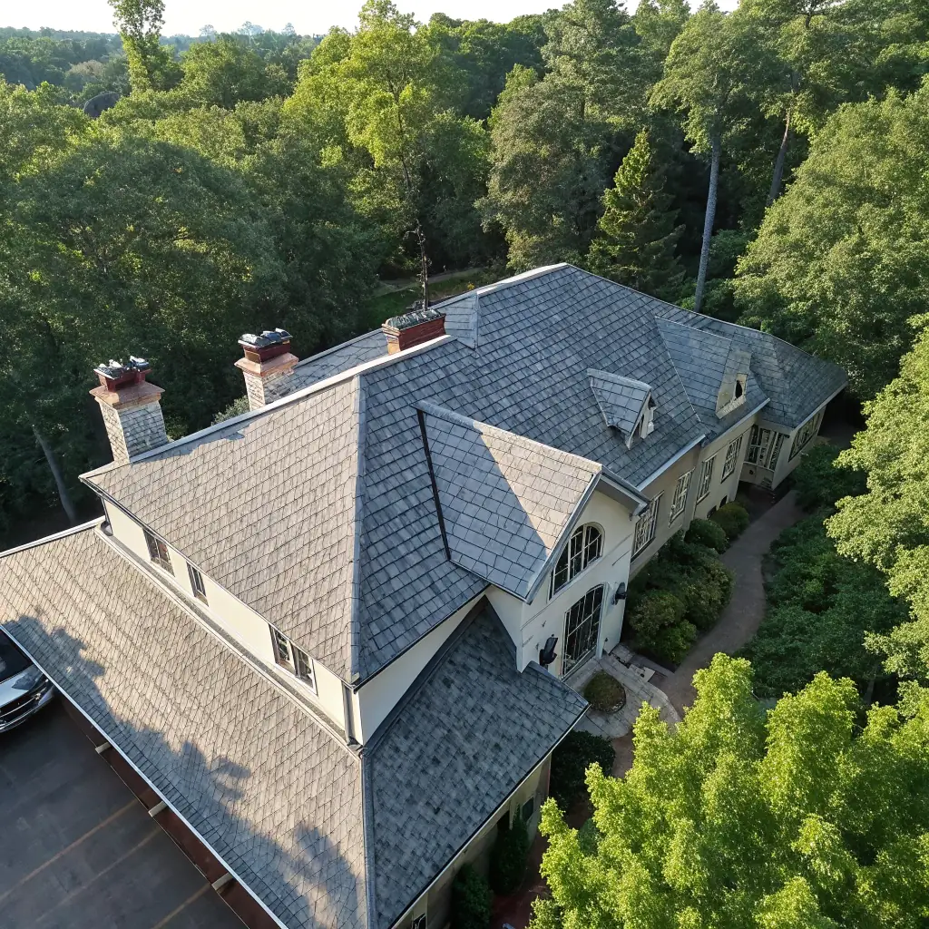 A high-angle, medium shot of a newly installed, flawless asphalt roof on a residential home, showcasing the quality and craftsmanship of Barringtons Asphalt Roofing & Build.