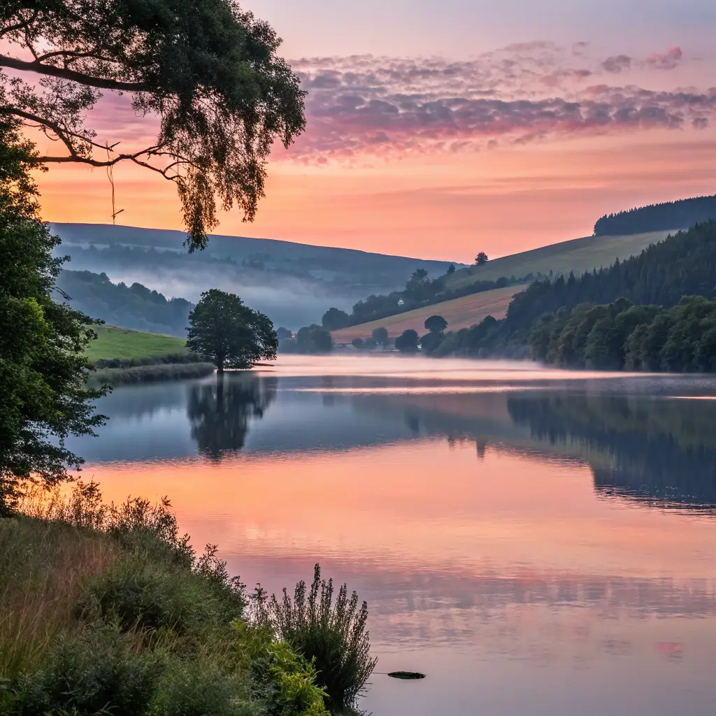 A serene image of a sunrise over a calm lake, symbolizing hope and new beginnings, to represent the transformative power of Christian counseling.