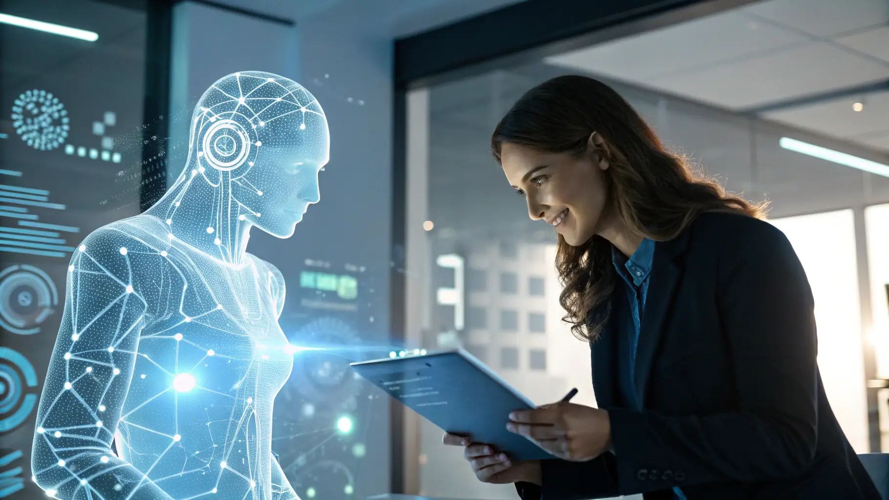 A human-like virtual agent interacting with a user on a website, showcasing a seamless and intuitive experience.