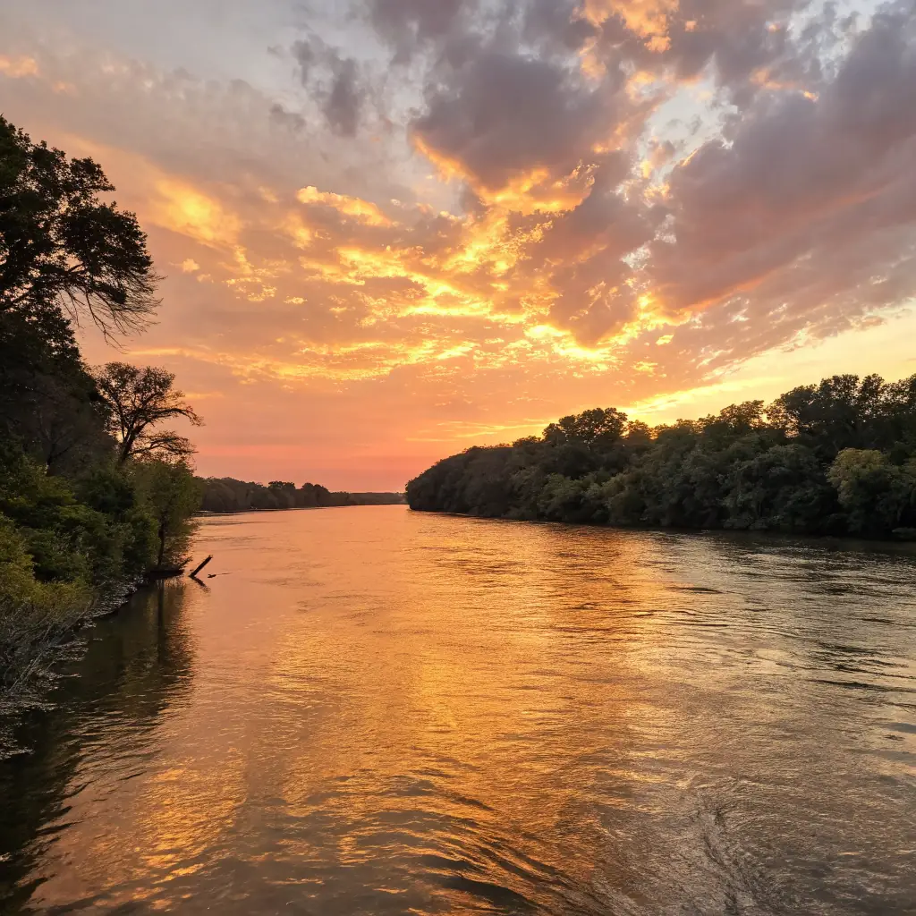 A panoramic view of a serene lake at sunset, with subtle hints of submerged structures beneath the water's surface. The image should evoke a sense of both natural beauty and the hidden history of the landscape, reflecting the transformation described in the section.