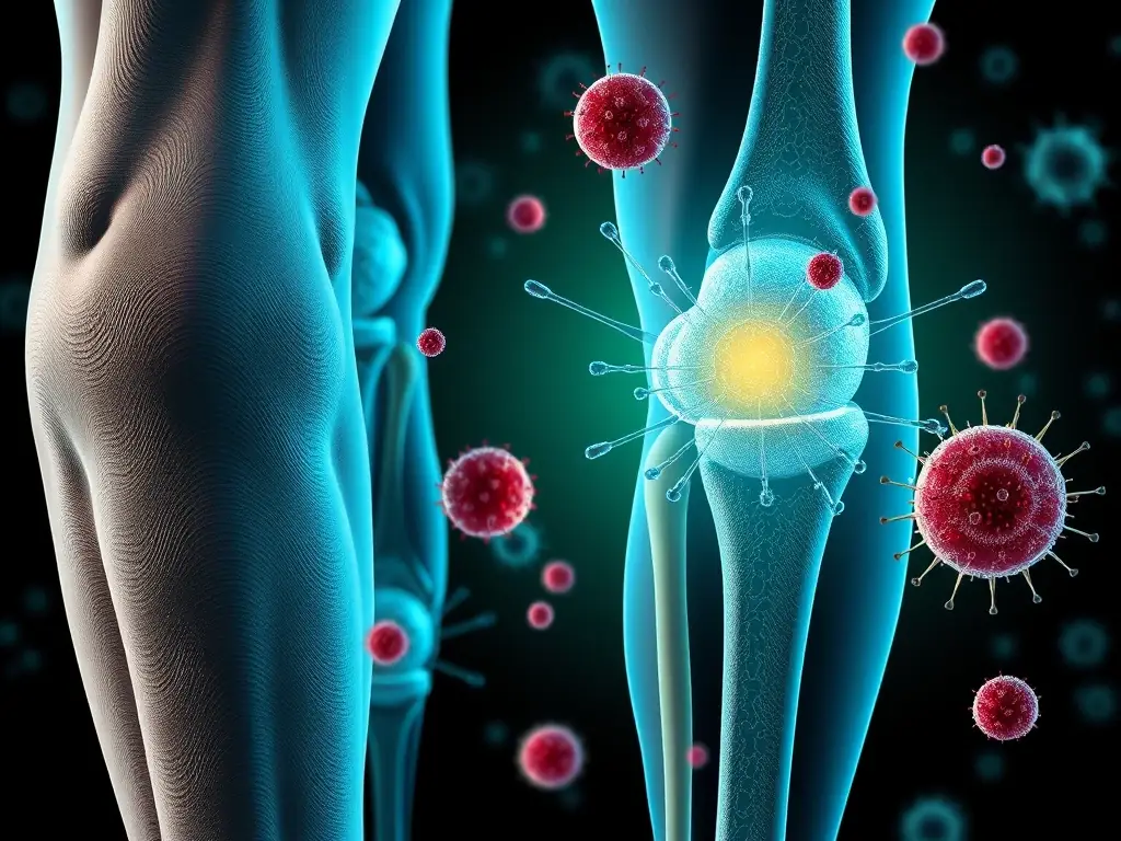 A digital illustration of stylized joints and immune cells interacting, representing the interplay between rheumatology and immunology. The image should convey a sense of scientific precision and hope.