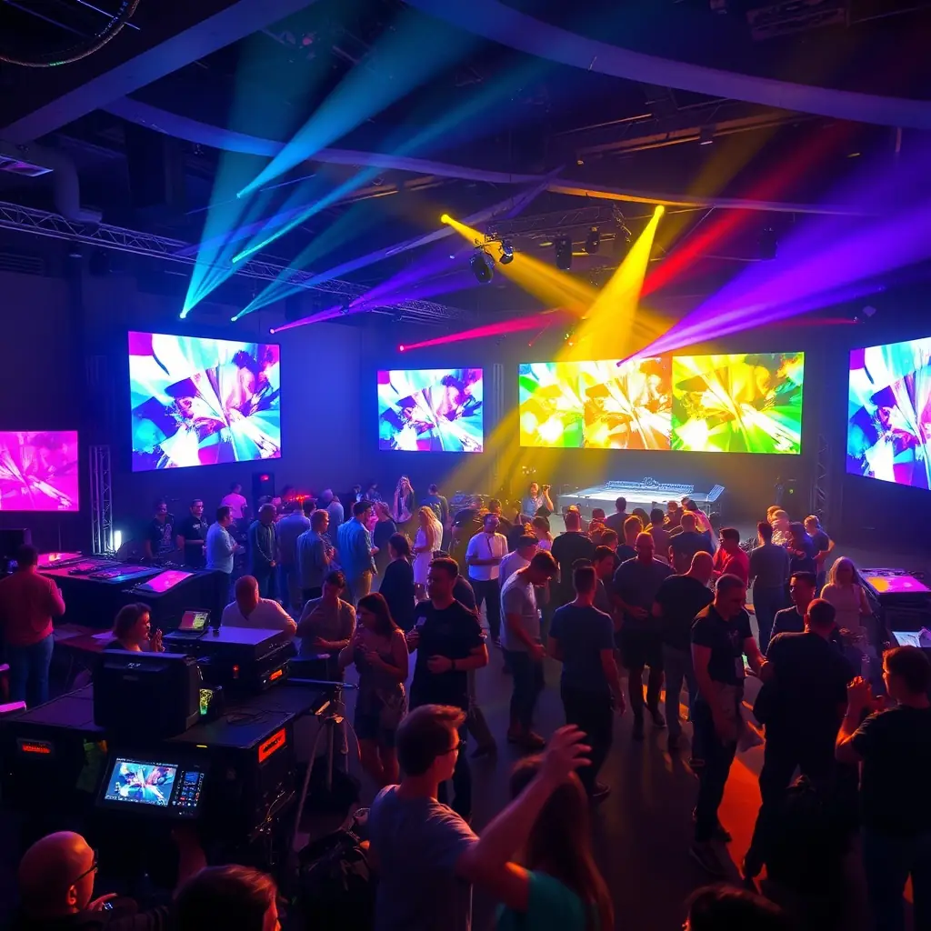 A lively event scene featuring LED screens and AV equipment in a large venue.