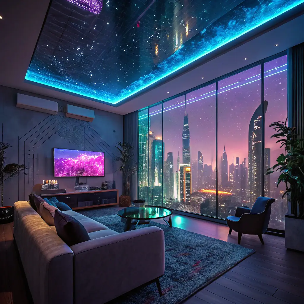 A sleek, modern image illustrating innovative smart living technology, emphasizing AI integration and sustainability themes, suitable for a professional corporate website.