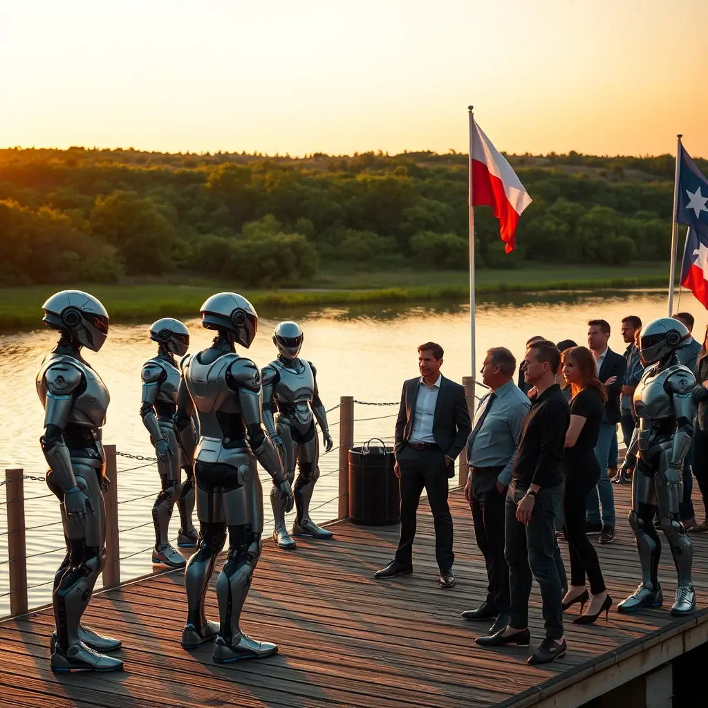 A Texas Bunker MEEETING on Knights Bluff in Atlanta State Park in Atlanta, Texas, with a view of the lake has a latitude of 33.23156 and a longitude of -94.26779, WITH TEXAS FLAGS ON A DOCK OFF THE BLUFF. OMEGAQUBE headquarters and with R2 D2 & ORM GURUS AND THE AI ROBOT TEAM
