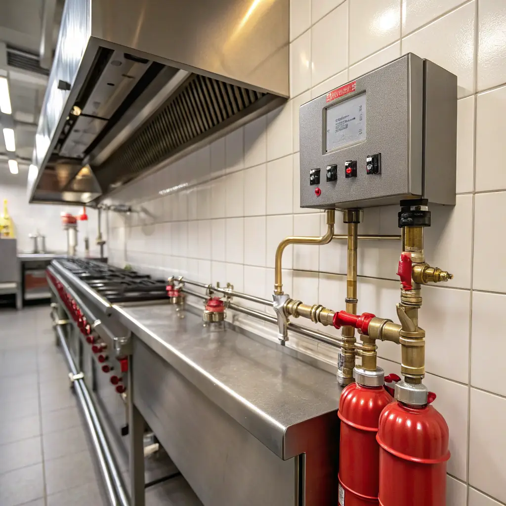 A commercial kitchen exhaust hood system, sparkling clean after professional cleaning, with visible grease traps and ductwork.