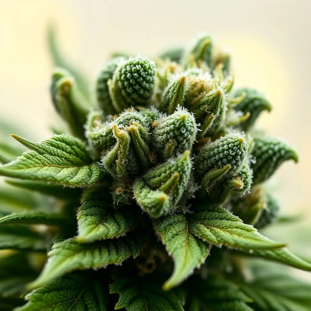 Image of a well-lit, close-up shot of Coco Chanel cannabis flower, showcasing its trichomes and vibrant colors. The background should be blurred to keep the focus on the flower.