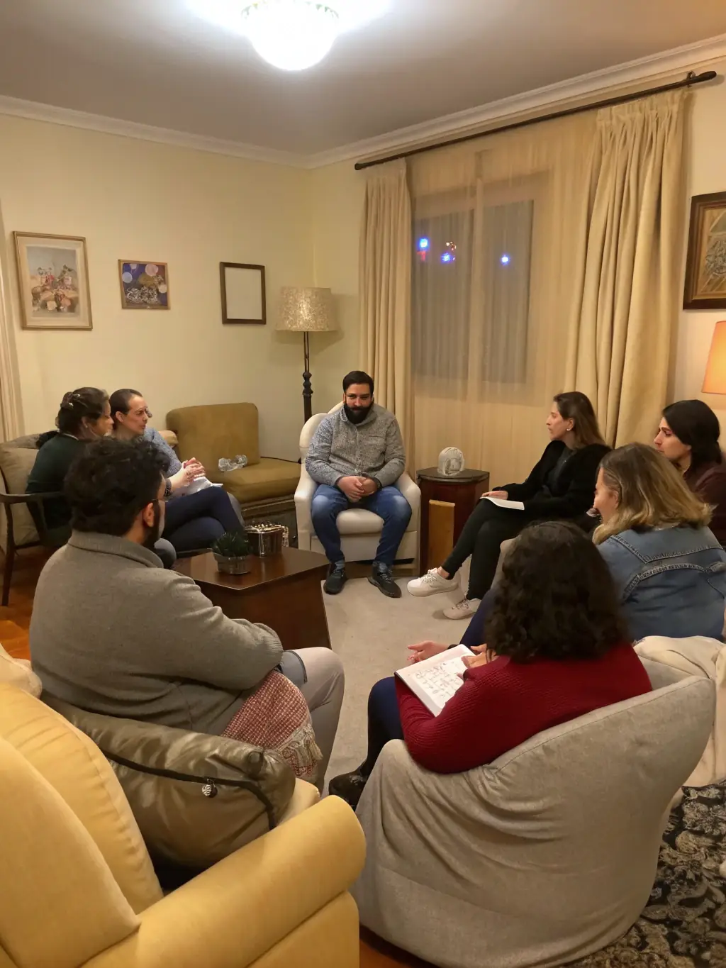 A serene image of a group therapy session at Eternity Recovery, Los Angeles, with clients engaged in a supportive discussion, facilitated by a therapist. The setting is a comfortable, sunlit room.