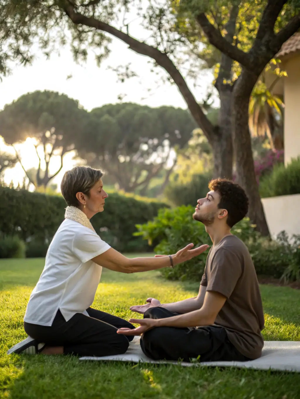 An image of a client at Eternity Recovery, Los Angeles, participating in a mindfulness exercise in a peaceful outdoor setting, such as a garden or patio.