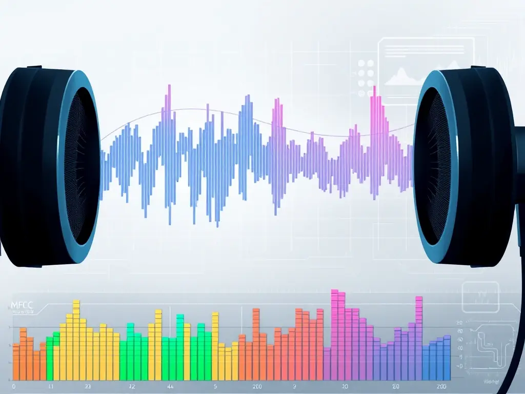A detailed illustration showcasing the MFCC (Mel Frequency Cepstral Coefficients) process, highlighting the analysis of sound frequencies as perceived by the human ear. The image should convey precision and technological sophistication.