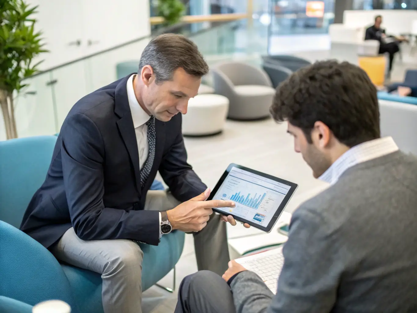 A professional image of a consultant presenting digital solutions to clients in a modern office environment.