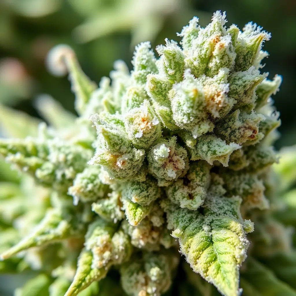 A close-up shot of Black Blue cannabis flower, showcasing its dense buds, frosty trichomes, and distinctive blue hues, set against a dark background to emphasize its vibrant appearance.