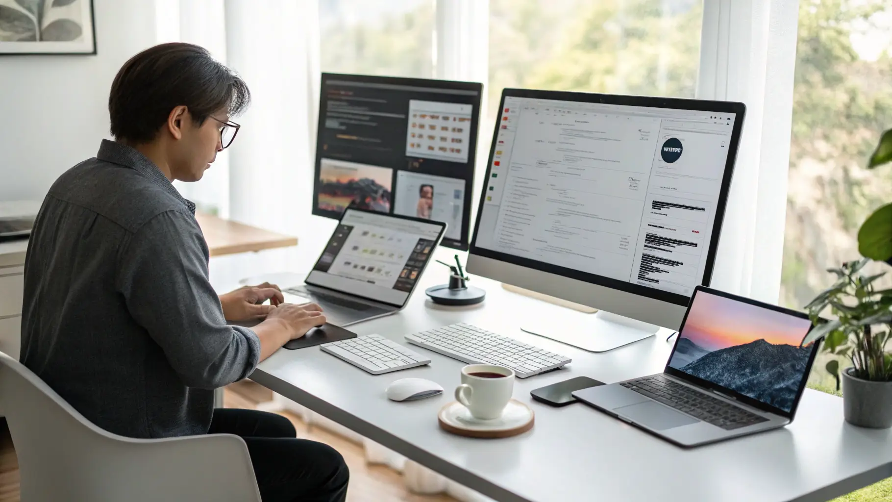 An engaging image of a creative workspace with screens displaying analytics, branding elements, and project mockups.