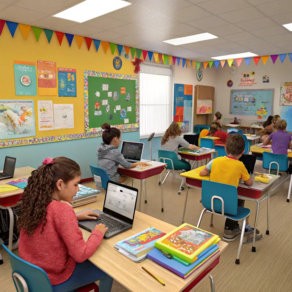 A vibrant visual of children engaging in reading, group projects, and classroom activities reflecting literacy, collaboration, and safe learning environments, with icons representing each goal (brain, handshake, shield/graduation cap).