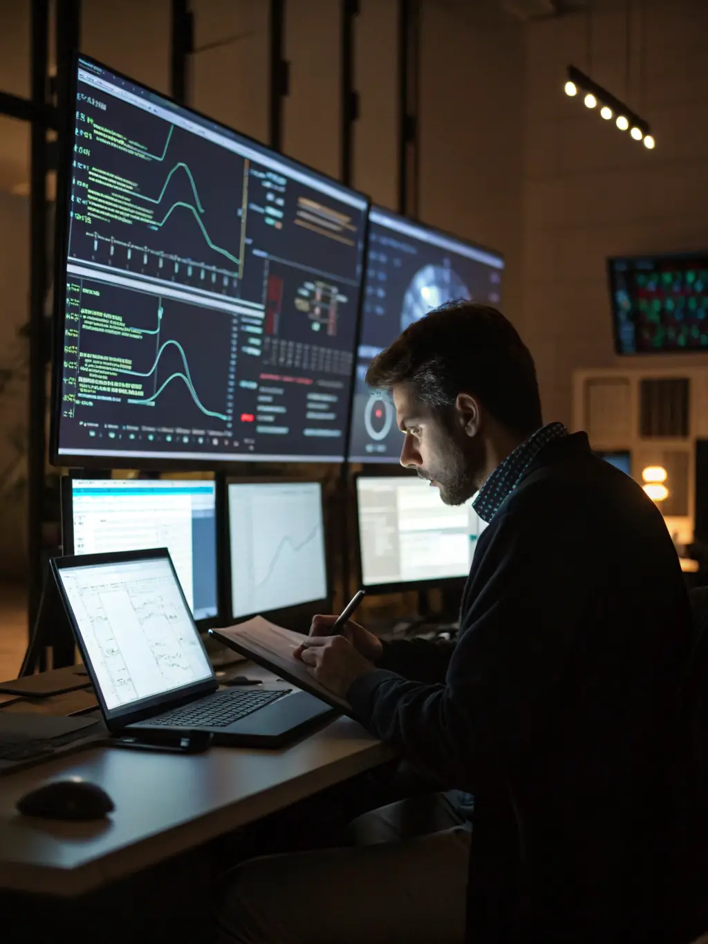 A professional cybersecurity expert reviewing network diagrams in a brightly lit office, symbolizing the discovery and scope phase of a cybersecurity assessment.