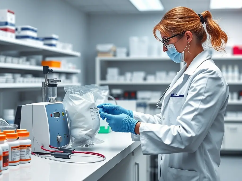 A pharmacist is preparing an IVIG infusion, showcasing the specialized therapies offered and the need for specific referral documentation.