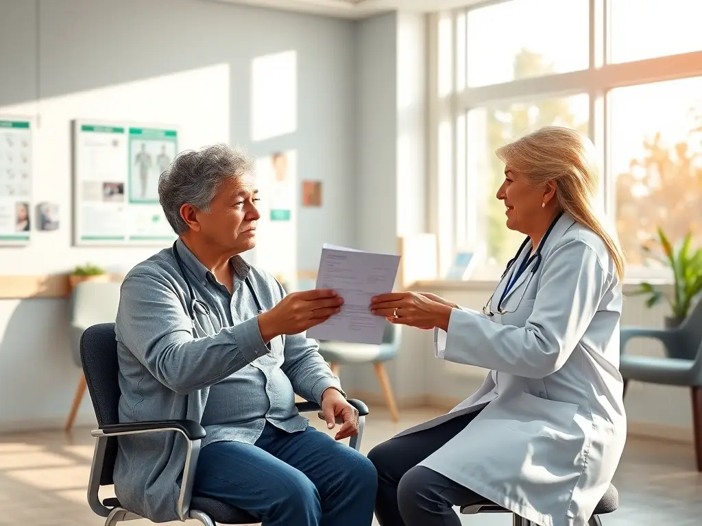 A medical professional is handing a referral form to a patient in a well-lit clinic, symbolizing the ease of access to necessary documents.
