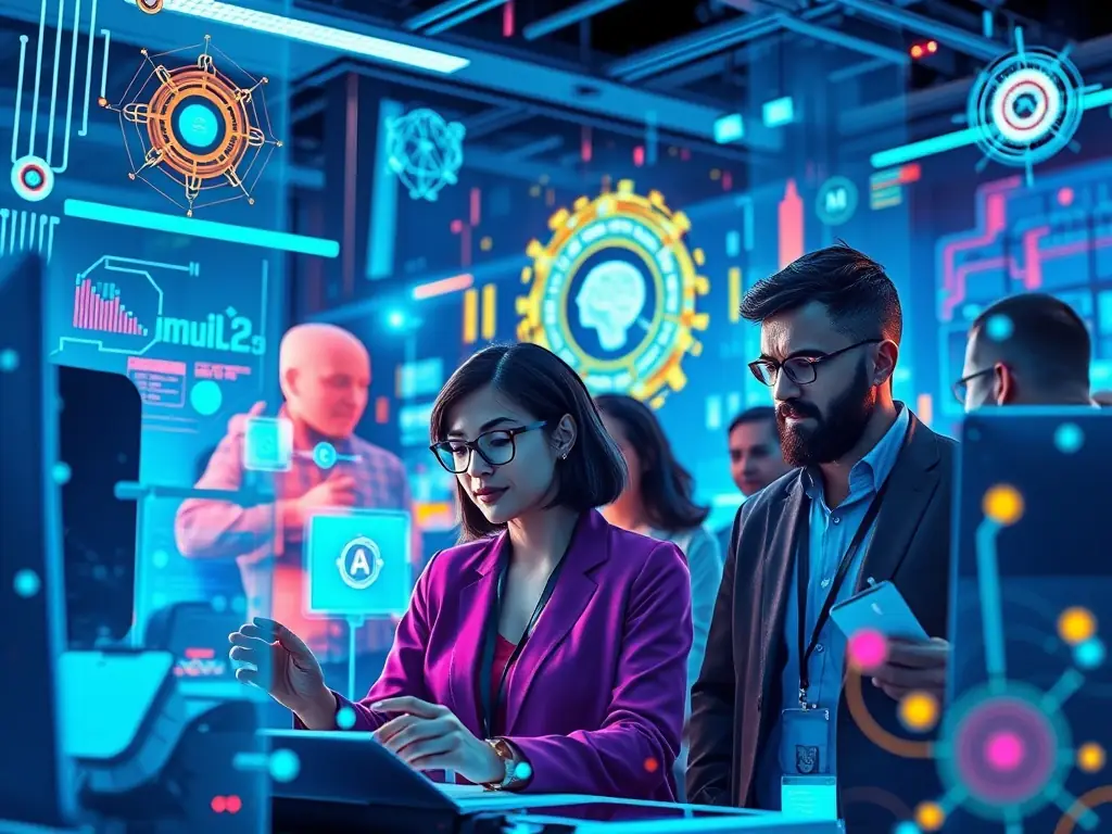 A digital artwork showcasing a diverse team collaborating on AI solutions in a futuristic workspace.