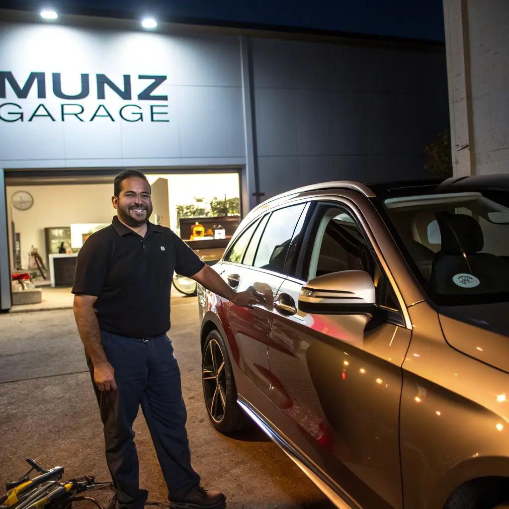 A vibrant image showcasing a diverse group of happy customers leaving an auto repair shop, emphasizing the positive impact of increased business and customer satisfaction due to effective Google Maps optimization.
