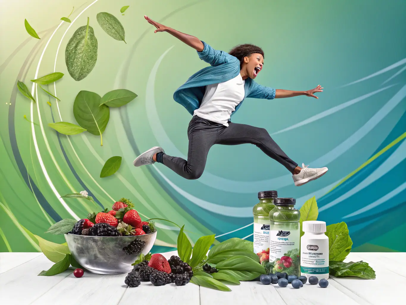 A vibrant image showcasing natural supplements and a happy, healthy person engaging in wellness activities