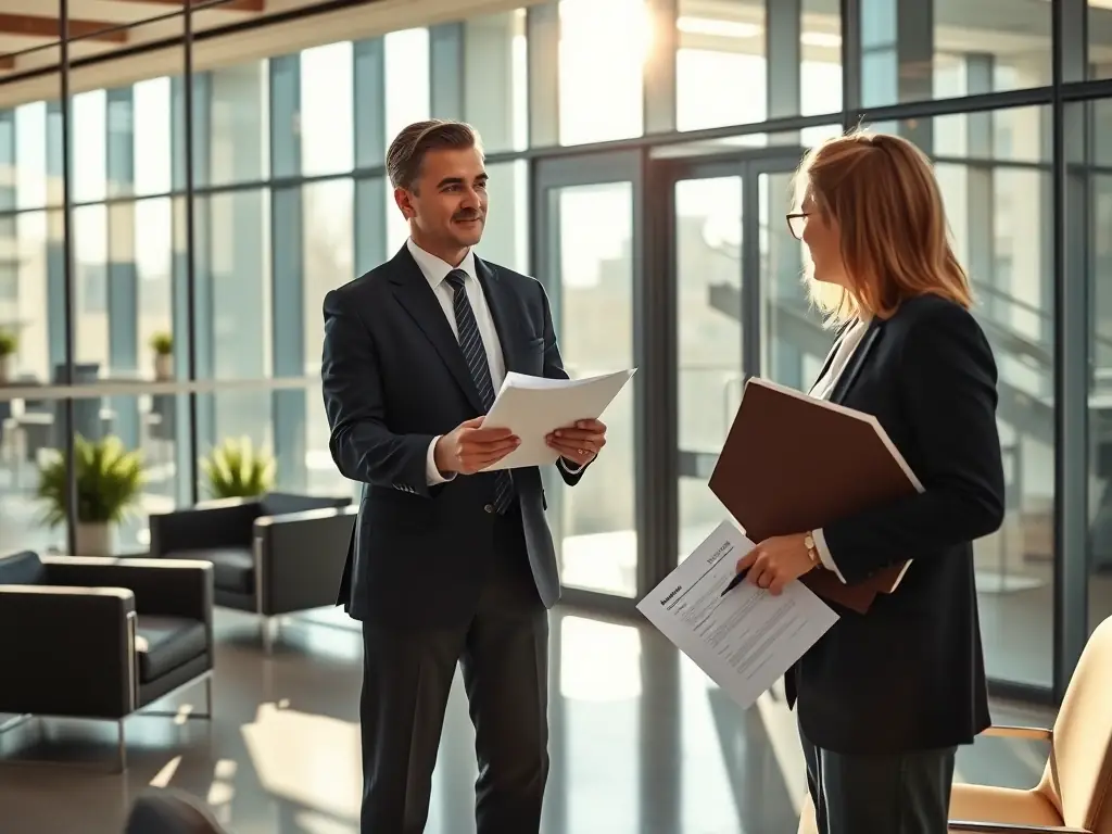 A professional process server handing legal documents to a recipient in a modern Silicon Valley office setting, emphasizing the efficiency and reliability of Trustpoint's services.