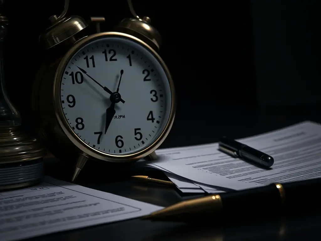 A clock showing late evening hours, with legal documents in the background, illustrating Trustpoint's extended availability for urgent document services.