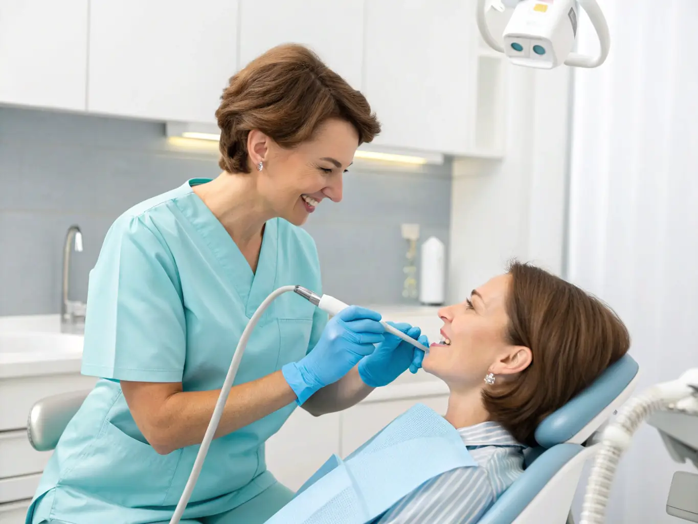A dental hygienist using professional tools to clean a patient's teeth, showcasing the removal of plaque and tartar.