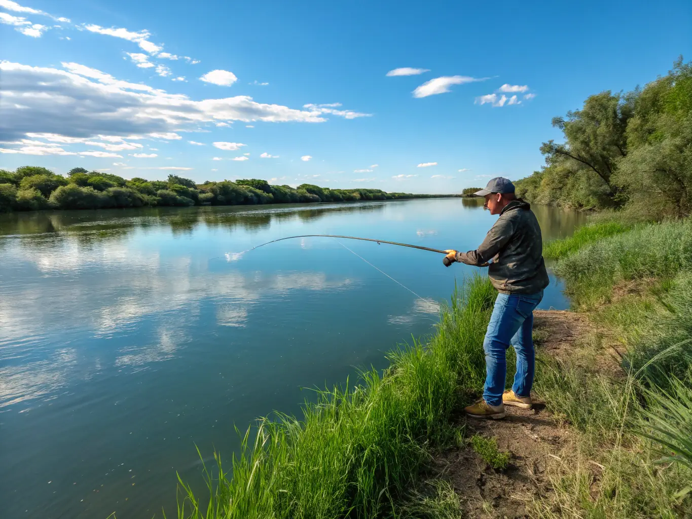A peaceful river scene with clear water, lush greenery, and a fisherman casting his line, symbolizing environmental balance.
