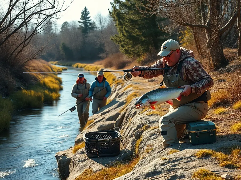 A vibrant fishing scene with anglers on a riverbank during sunrise, capturing the essence of our community activities.