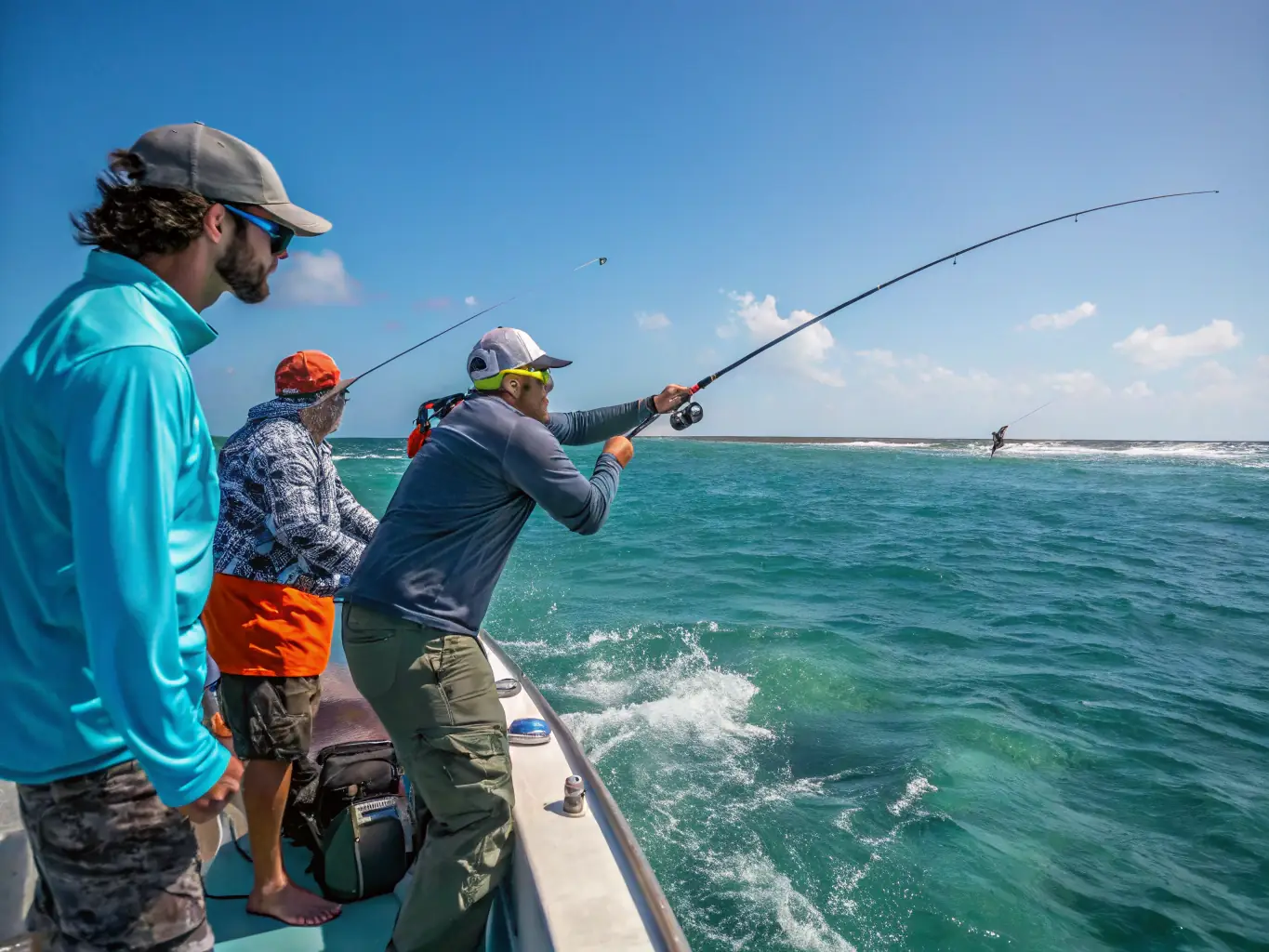 A group of anglers celebrating a successful catch beside a scenic river, emphasizing community spirit.