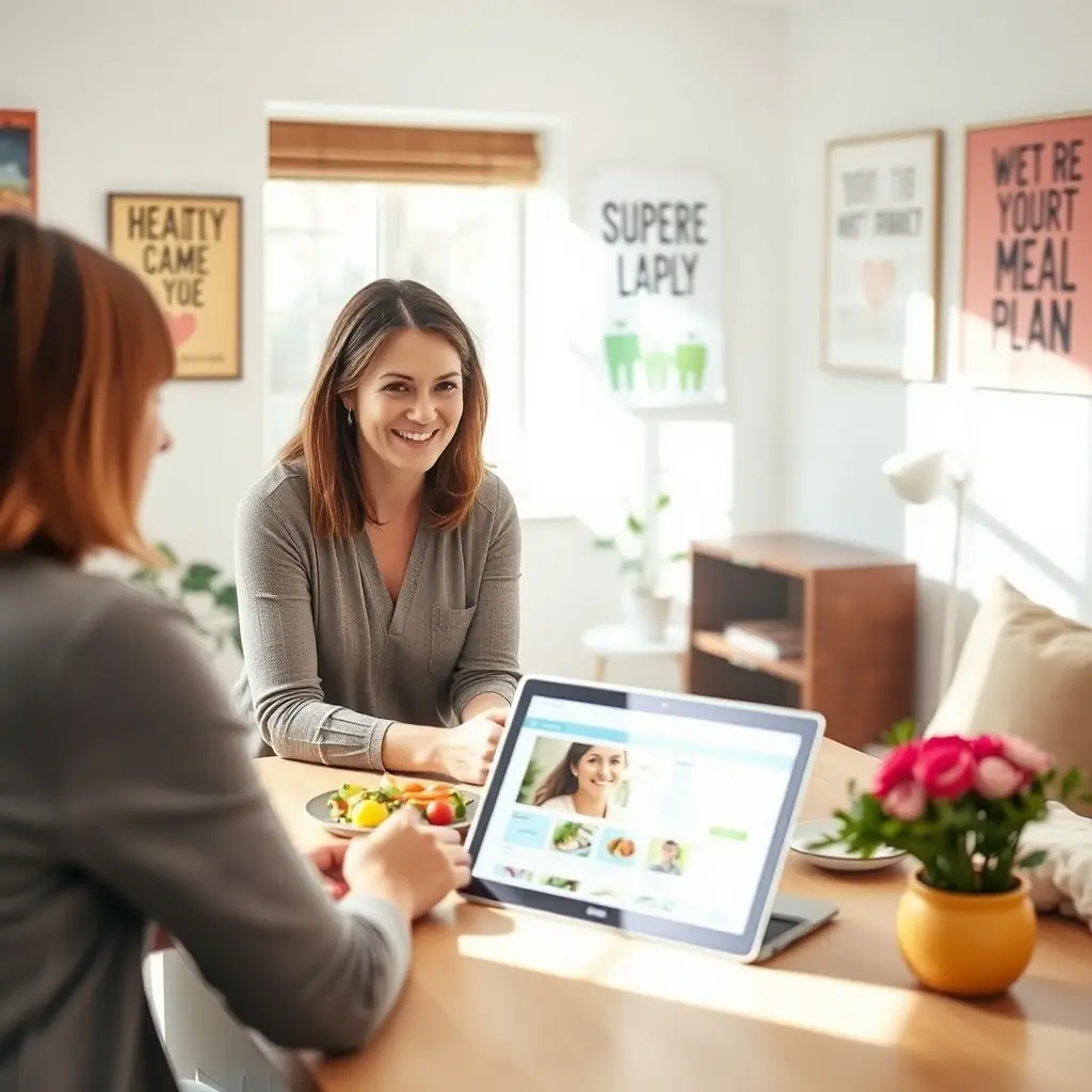 A nutritionist consulting with a client, reviewing a meal plan and discussing lifestyle changes in a bright, modern office setting. The scene should convey a sense of trust, support, and personalized care.