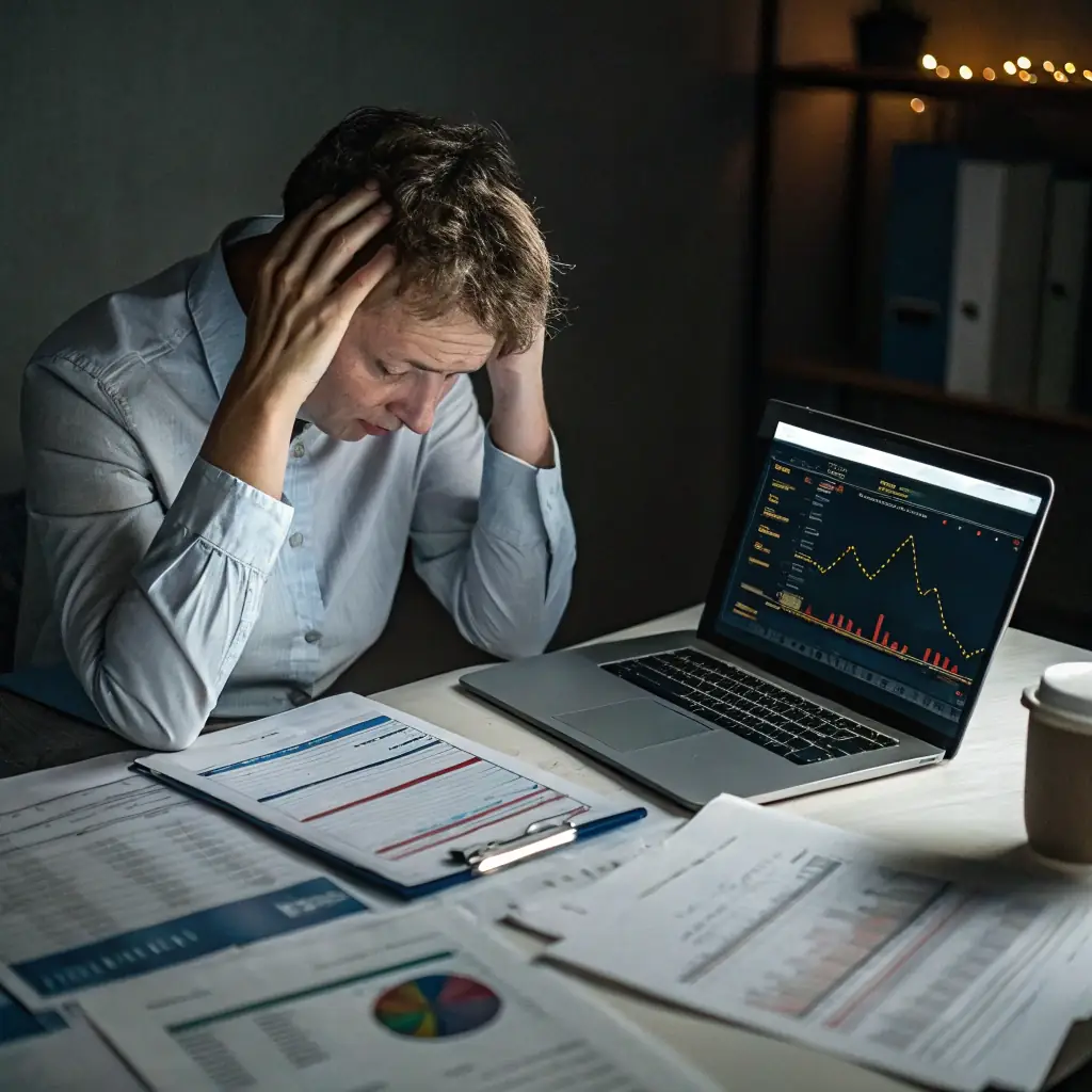 Image of a business owner looking stressed surrounded by scattered marketing materials, contrasted with a calm business owner reviewing a structured marketing plan on a tablet.