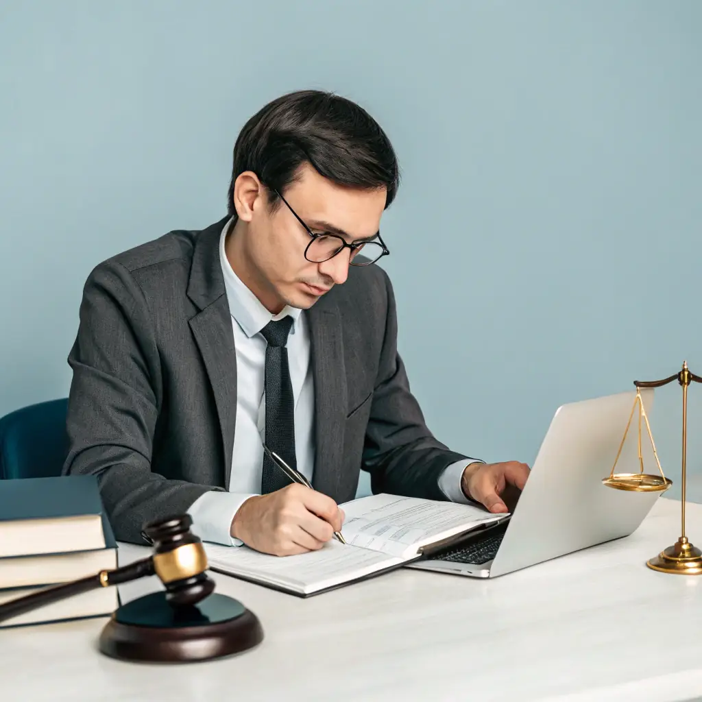 A professional lawyer in a modern office setting, reviewing documents and consulting with a client, conveying trust and expertise.