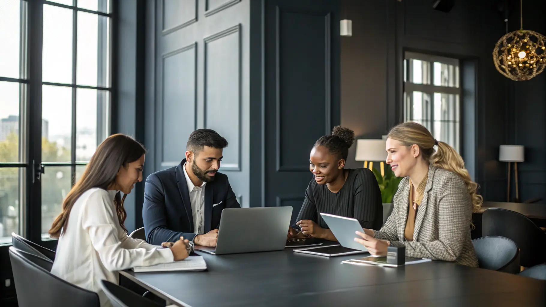 A diverse group of people collaborating on a digital project, showcasing education and web services.