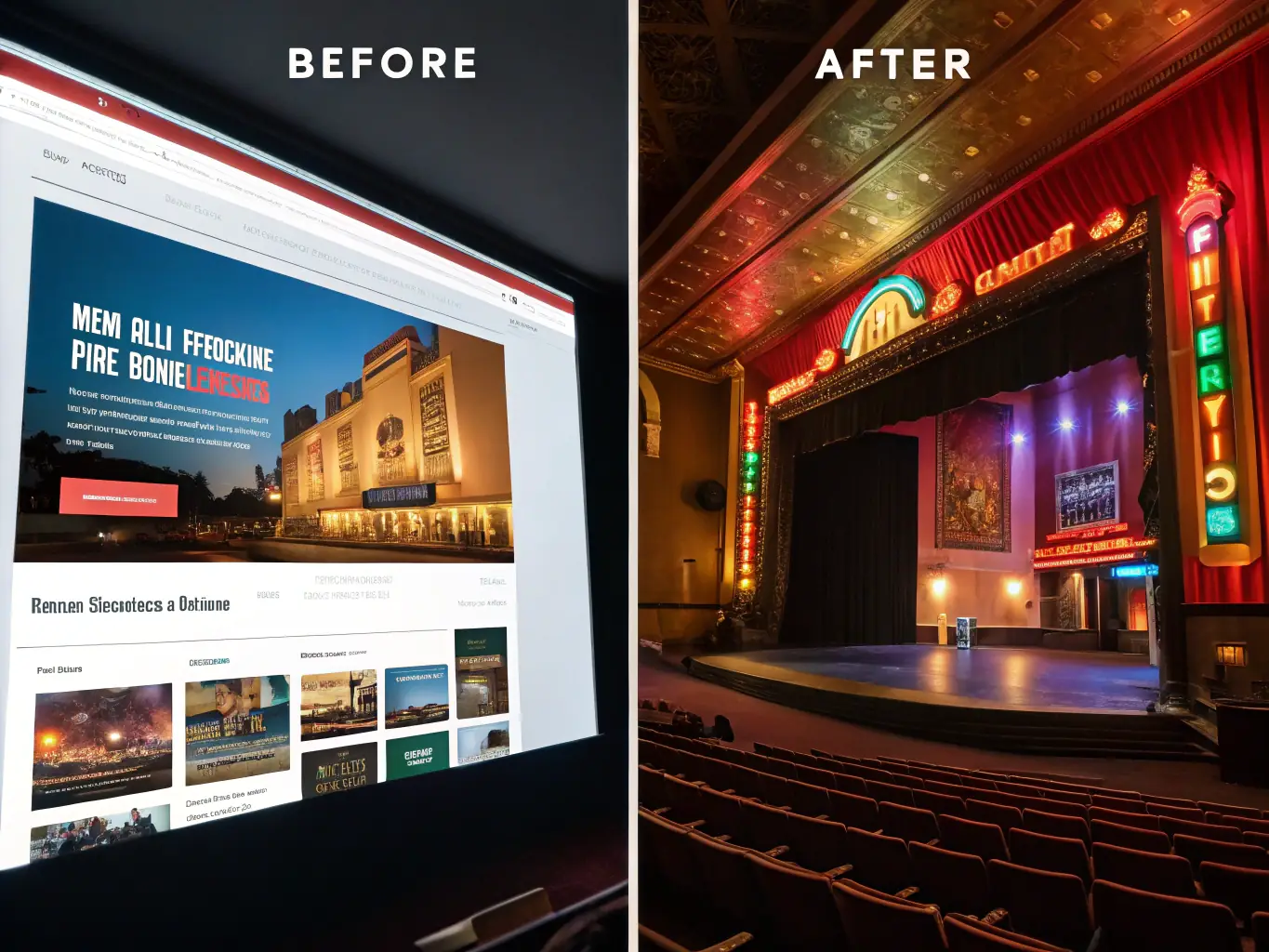 A dull, black and white website juxtaposed with a vibrant, dynamic visual, symbolizing the limitation of the old ways in capturing attention and bringing sites to life.