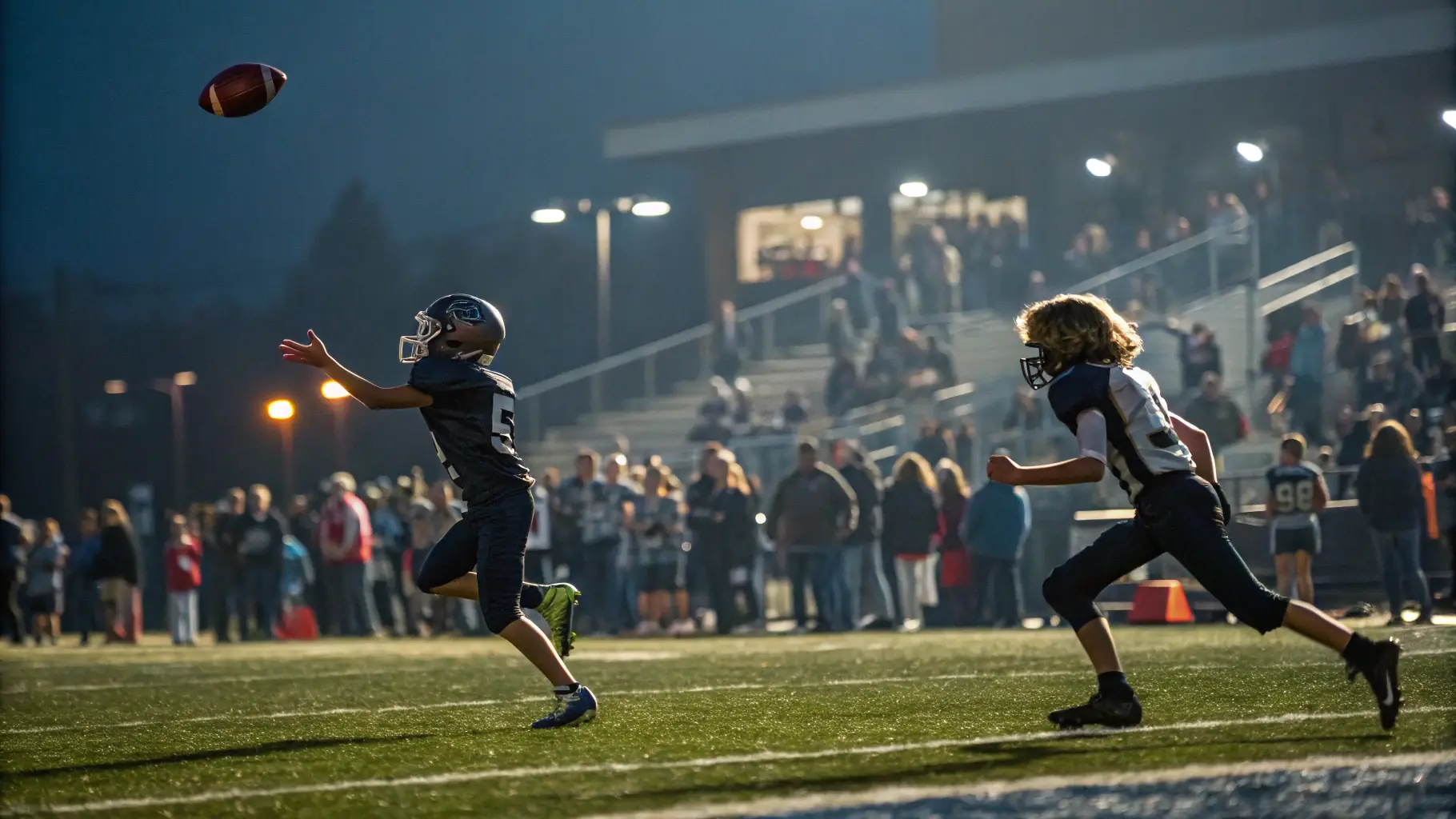 A dynamic action shot of the Michigan Arsenal arena football team in a game, showcasing the energy and excitement of arena football.