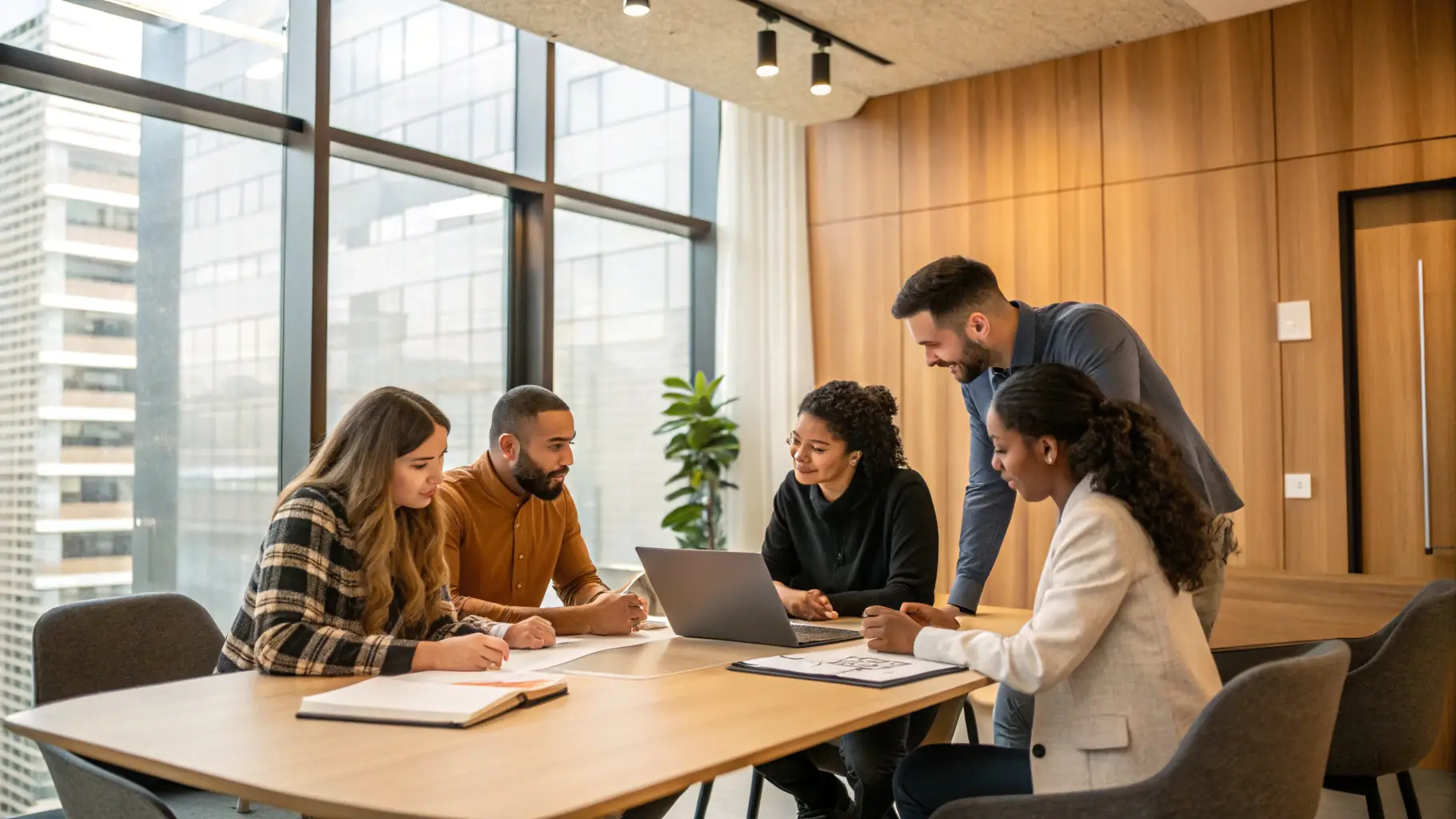A diverse team of Mernouten professionals collaborating in a modern office setting, reviewing customer data and discussing personalized solutions for small business administration.
