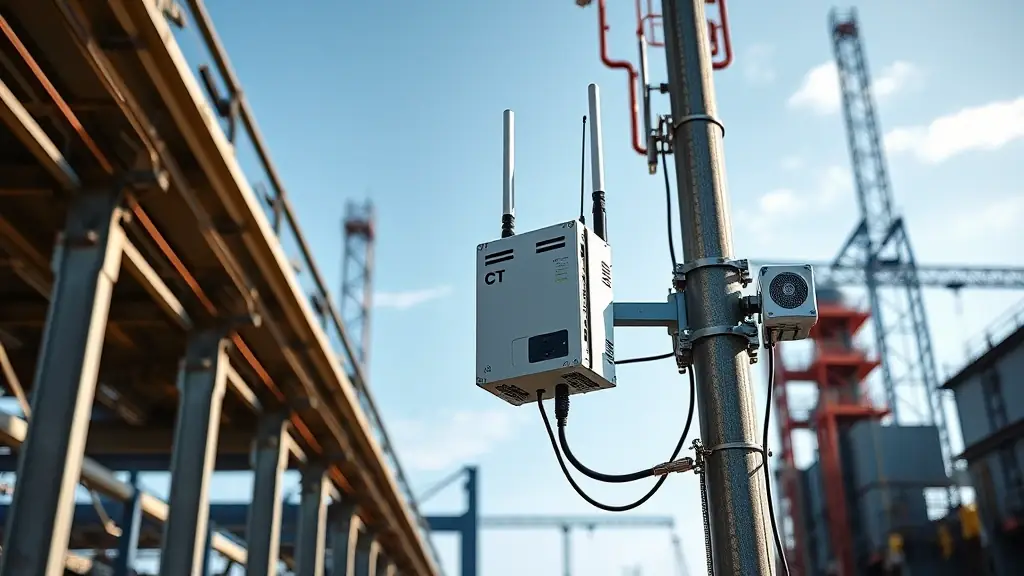 A high-resolution image of the CT X17M outdoor 5G router mounted in an industrial outdoor environment, showcasing its rugged design and antennas, suitable for use as the main visual on the portfolio section.