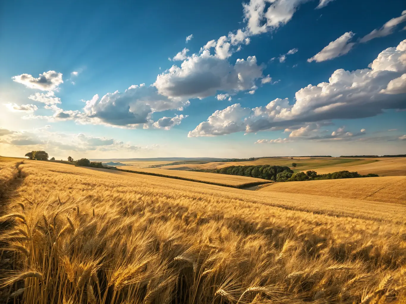 A field of golden wheat ready for harvest under a clear blue sky, representing the abundance of agricultural commodities.