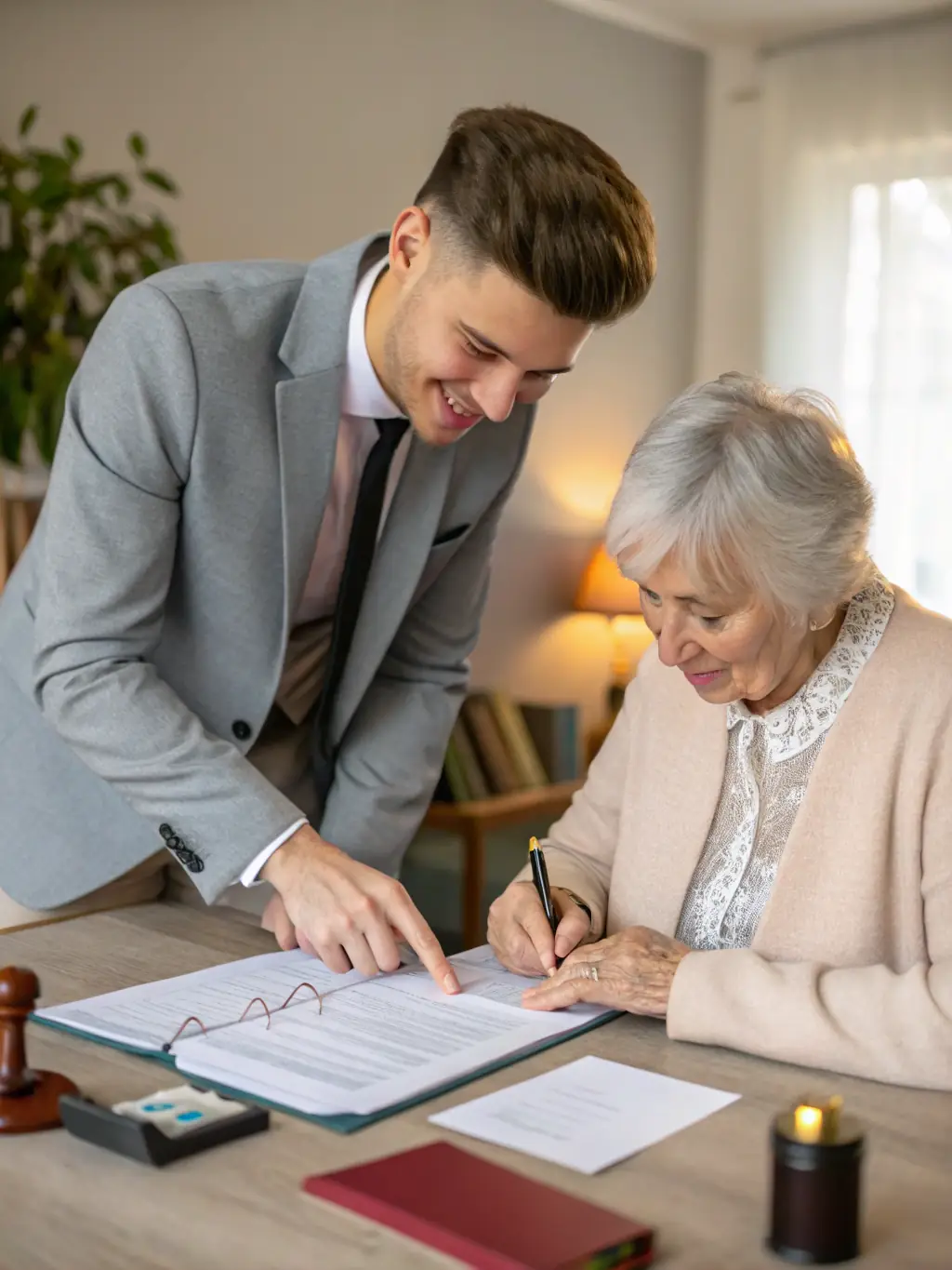 A notary public in San Jose is working late in the evening, notarizing documents for a client, showcasing Trustpoint's flexible scheduling options.