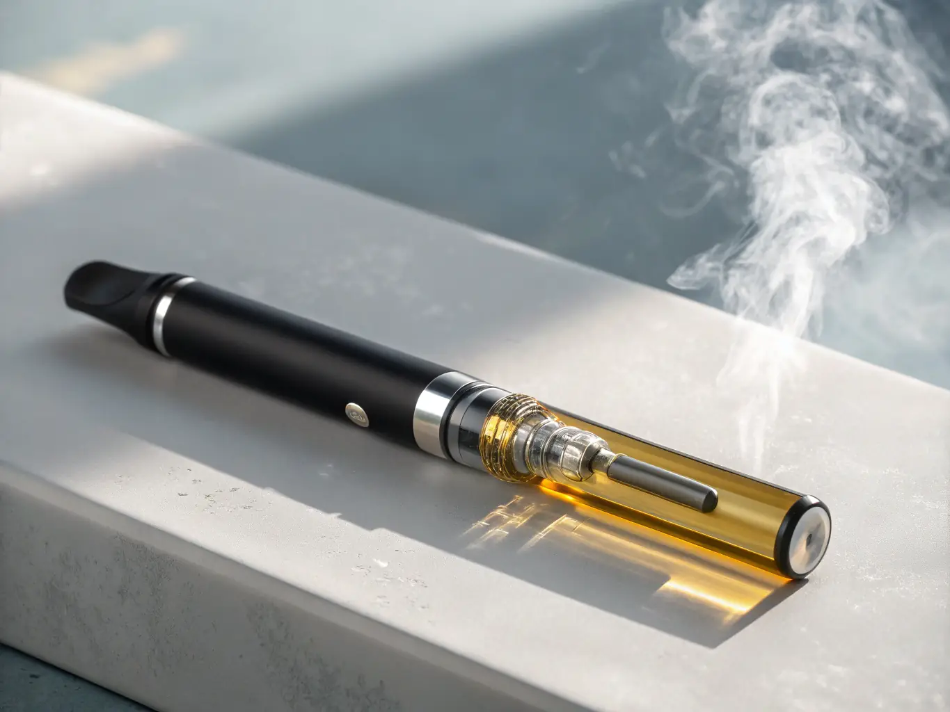 A sleek vape pen emitting a small cloud of vapor, set against an urban DC backdrop.