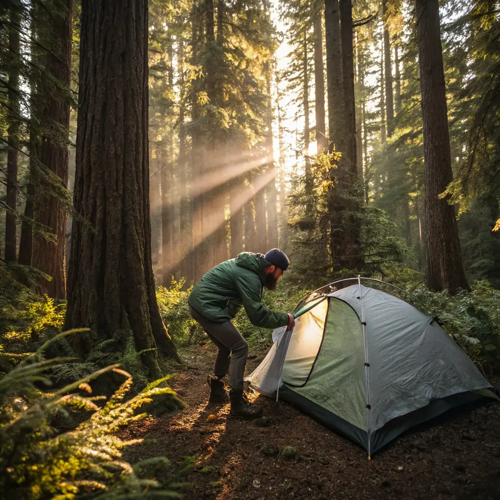 An image of a person using a tablet in a forest setting, surrounded by camping gear, symbolizing the use of technology to find the right outdoor equipment.