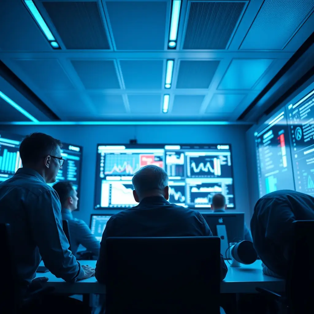 A team of cybersecurity experts analyzing network traffic in a modern security operations center, reflecting PurpleSEQ's technical services and expertise in threat hunting.