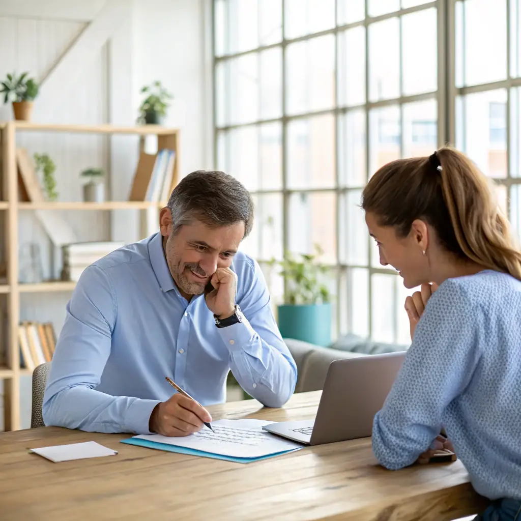 Een professionele afbeelding van een zakelijk gesprek tussen een adviseur en een klant, met een focus op vertrouwen en open communicatie, geschikt voor de sectie over persoonlijke beveiligingsgesprekken.