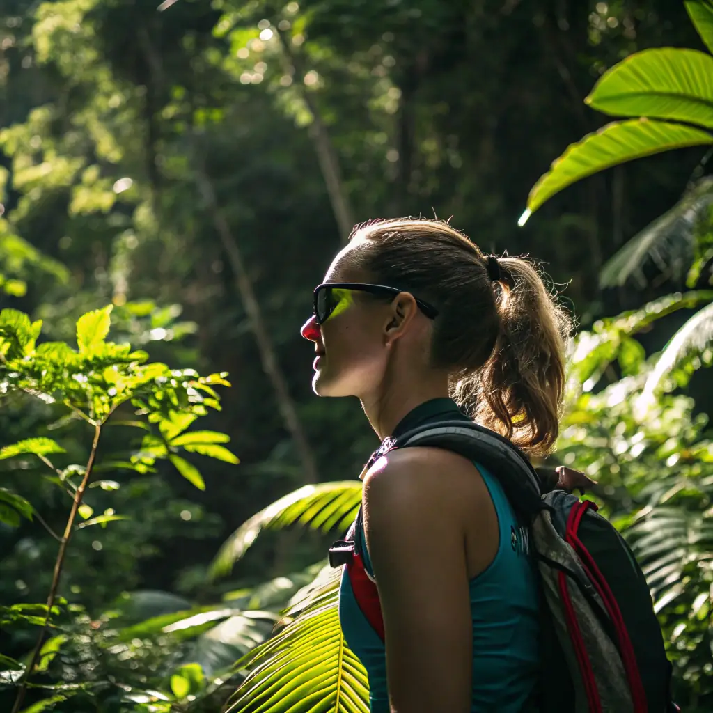 A woman with a ponytail and a determined expression, wearing hiking gear.