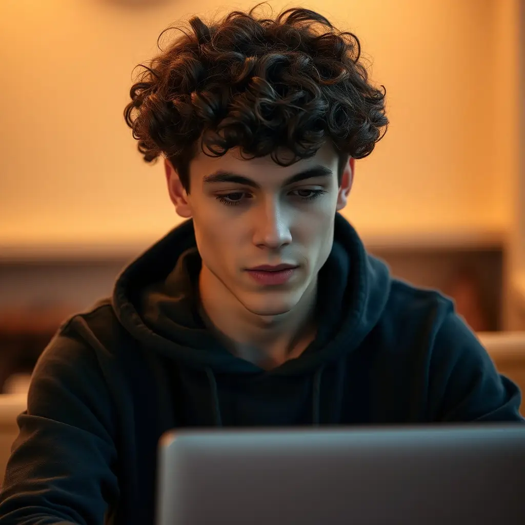 A young man with dark curly hair, casual hoodie, and focused expression.