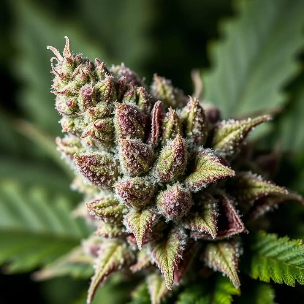 Close-up of White Runtz cannabis flower, showcasing its dense, trichome-covered buds with hues of green and purple.